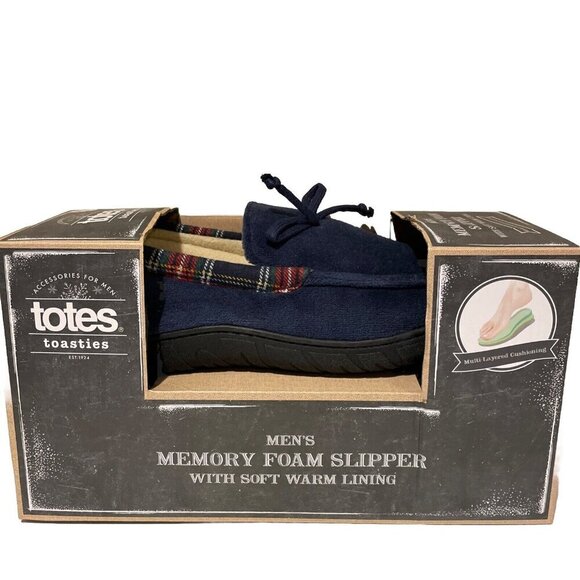 Totes Toasties Slippers Memory Foam Comfort Men's Medium 8-9 Navy Microterry NEW - Picture 1 of 8